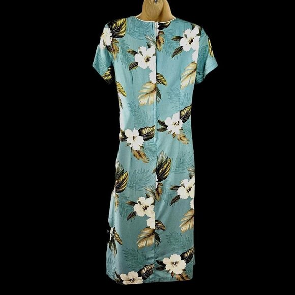 80s/90s Aloha Moi Hawaiian Dress A-Line Short sleeve Aqua Gardenia Print Women S - Picture 4 of 7